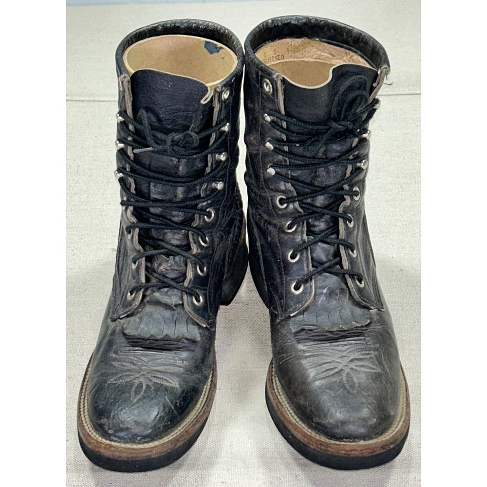 Vintage Justin Men's 8 1/2 B Black Leather Boots Lace‎ Up Speed Lacing Made USA